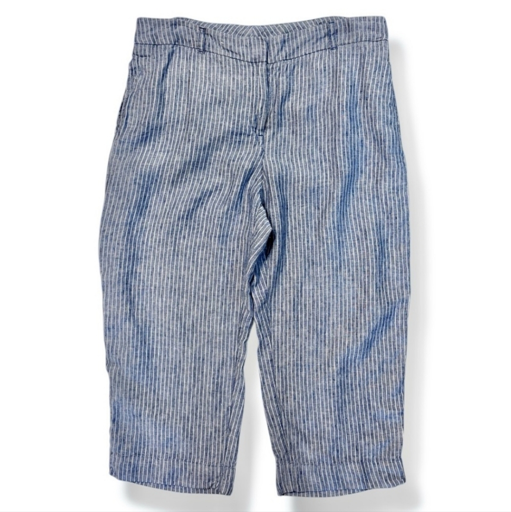 CHICO’S Blue & White Striped Linen Cropped Flat Front Pants